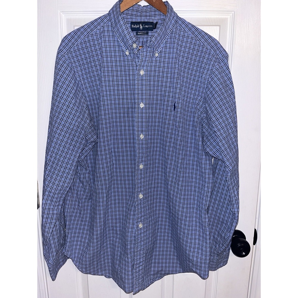 Ralph Lauren Button Down Shirt Mens Size XL Blue Plaid Classic Fit Long Sleeve - Picture 2 of 8
